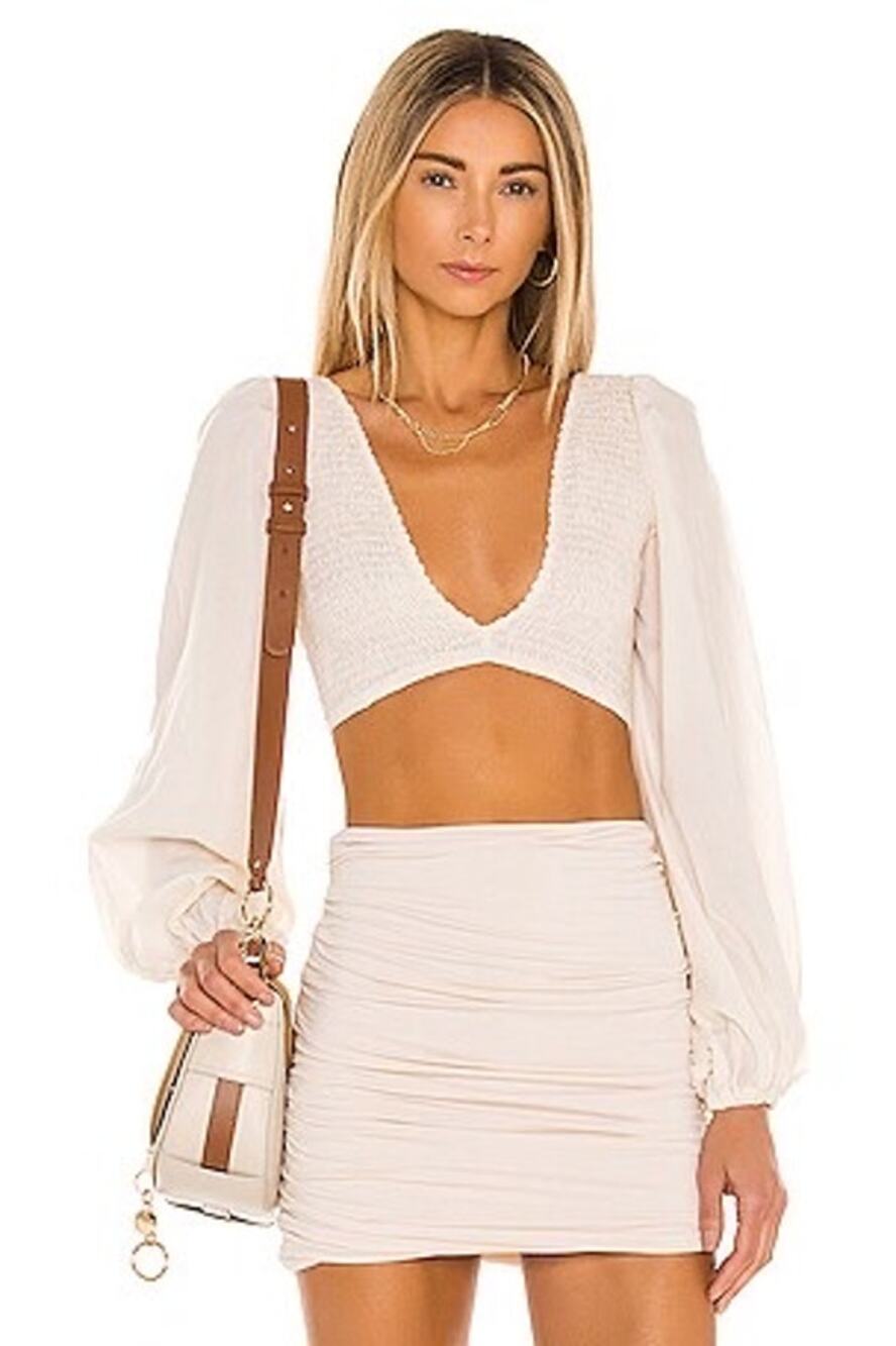 INDAH Biru Solid Ruched Bodice Crop Top in Opal Size Large Cream Ballon Sleeve